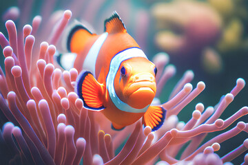 Close up of a brightly colored Clown fish swimming among the coral in aquarium tank.