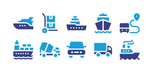 Transport Icon Set. Duotone Color. Vector Illustration. Containing Yacht, Trolley, Boat, Ship, Route, Cargo Ship, Mixer Truck, Car, Van.