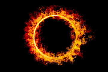 Poster - orange flame circle frame on black background