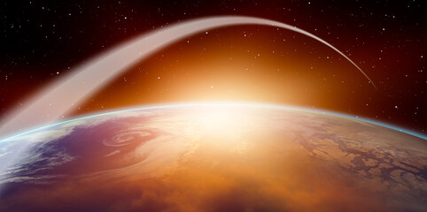 Wall Mural - long exposure night time rocket launch - planet earth with a spectacular sunset 