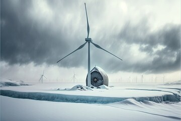 Sticker -  a wind turbine in a snowy landscape with a few snow on the ground and a few wind mills in the background with dark clouds in the sky above the snow and below the ground,.