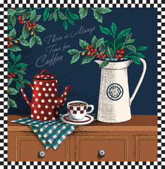 Wall Mural - Hand drawn vintage coffee stuff composition vector illustration. Coffee cup, plant, red beans, pot, enamel utensil.