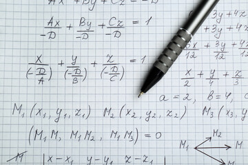 Wall Mural - Sheet of paper with different mathematical formulas and pen, top view