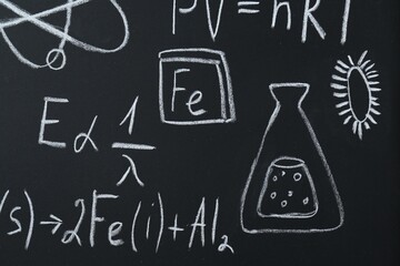 Wall Mural - Different chemical formulas written with chalk on blackboard, closeup