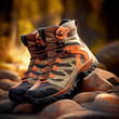 Hiking boots outdoors in fall autumn background.