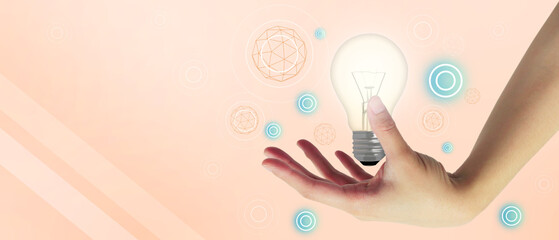 Creative idea light bulb and childhood hands and knowledge development in online learning and research by playing with internet technology concept on orange background. copy space, - 3d Rendering