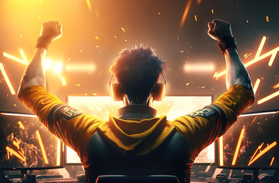 Wall Mural -  - Professional E-Sports gamer rejoices in the victory in orange game room. Non-existent person in generative AI digital illustration.	