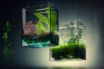 Wall Mural - Layered glass panel floating with hanging plants. Generative ai