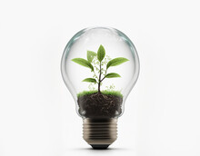 Light Bulb With Sprout Inside Isolated In White Background. Small Plant Growing Inside A Lightbulb. Generative AI