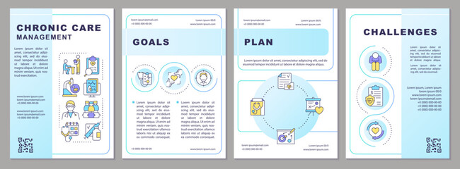 Chronic care management light blue brochure template. Leaflet design with linear icons. Editable 4 vector layouts for presentation, annual reports. Arial-Black, Myriad Pro-Regular fonts used