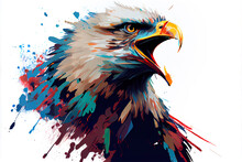 Angry Shouting Eagle Close-up On White Background. Watercolour Brush Strokes Artistic Technique.  
Digitally Generated AI Image.