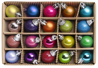 Wall Mural - colorful christmas decoration balls set kit in cardboard box, isolated
