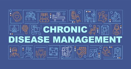 Sticker - Chronic care management word concepts dark blue banner. Infographics with editable icons on color background. Isolated typography. Vector illustration with text. Arial-Black font used