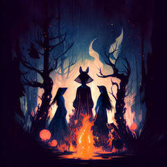 Wall Mural - Witches' Sabbath, fire place in the forest - By Generative AI