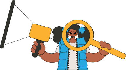 A woman with a megaphone, symbolizing the search for people in the labor market. Attracting workers.