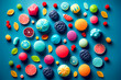 assorted jelly gum fruit candy on blue background top view. Generative AI.