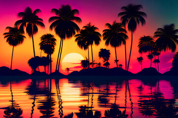 Wall Mural - Blue palm trees at sunset.  Generative AI.