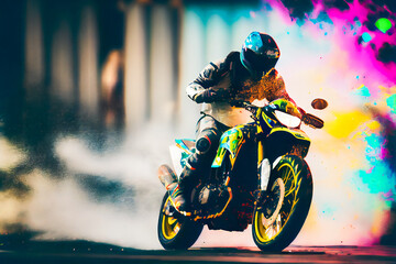 Wall Mural - Man riding a motorcycle with splashes of paint. Moto racer.  Generative AI.