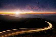 Landscape View Point Asphalt Curved Road On Doi Inthanon National Park Mountains At Dawn With Milky Way Background