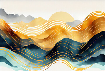 Blue and gold waves gradient lines abstract pattern background, illustration imitating watercolor drawing created with Generative AI technology