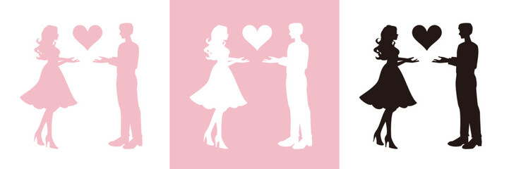 Silhouette Vectors. Both the man and the woman hold heart shaped objects in their hands together. It is a symbol of their love for each other. Set of color variations.