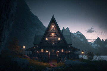 Wall Mural - cabin house in the mountains at night