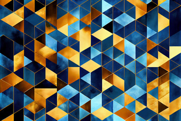 Wall Mural - Blue and yellow mosaic pattern, geometric shapes abstract background, watercolor texture imitation created with Generative AI technology