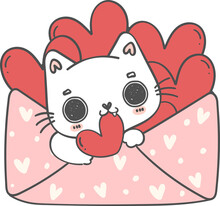 Cute Valentine Cat In Love Letter Cartoon Doodle 