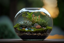 Mini Succulent Garden In Glass Terrarium , Ai Generated