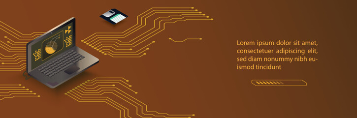 Cyberpunk style coding banner with isometric 3d redering of a laptop, electronic circuits, copy space. Vector illustration.