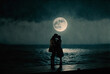 a two lovers kissing raing moon wave sea beach background on valentines'day,generative ai.