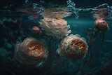 fantasy epic valentine's day Roses underwater with water bubbles surrounding the flowers. Flower wallpaper art with pink roses surrounded background, generative ai.