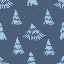 A Seamless Sketchy Pattern With Pine Trees, A Winter Forest Background In Light Blue