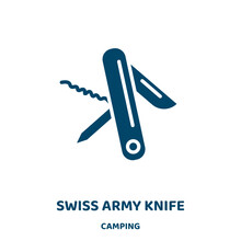 Swiss Army Knife Vector Icon From Camping Collection. Knife Filled Flat Symbol For Mobile Concept And Web Design. Black Swiss Glyph Icon. Isolated Sign, Logo Illustration. Vector Graphics.