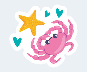  Pink crab with cute smiling face and starfish. Summer vacation. Vector illustration in cartoon sticker design