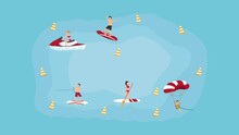 Surfing, Canoeing, Kayaking, Water-skiing Sportsman 2d Animation Cartoon In 4k
