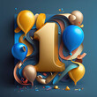 boys 1st first birthday theme large gold number 1 surrounded by blue and yellow balloons and streamers with blue background. Generative ai