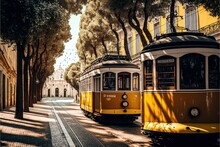 Traditional Yellow Trams On A Street In Lisbon, Portugal