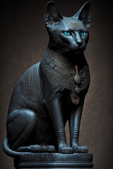 Wall Mural - Portrait of an ancient Egyptian black cat with golden ornaments. Ancient Egyptian goddess Bastet. AI