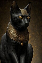 Wall Mural - Portrait of an ancient Egyptian black cat with golden ornaments. Ancient Egyptian goddess Bastet. AI