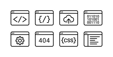 Developer concept line icon set with coding, computer, internet, web, app, browser in simple and minimal style.