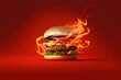 Close-up burger with fire flames on red background. Generative AI