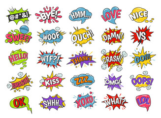 Wall Mural - Cartoon speech bubbles. Comic book funny sound effects, xoxo kiss, sweet and smash. Omg, lol and love text balloon vector set