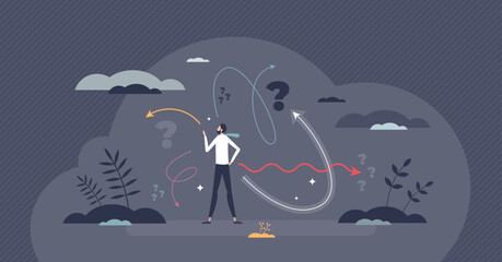 Wall Mural - Decision making dilemma as choice confusion problem tiny person concept. Various options to choose as difficult struggle for businessman vector illustration. Analyzing process in uncertainty situation