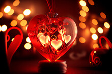 Valentine Heart Of Glass With Bokeh Lights. Valentine's Day Concept Art Wallpaper Background.