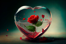 Valentine Red Rose In Heart Of Glass. Valentine's Day Concept Art Wallpaper Background.
