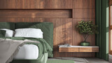 Fototapeta Panele - Modern bedroom close up. Wooden headboard in white and green tones. Velvet bed, bedding, pillows and carpet. Contemporary interior design