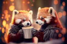Red Panda Treats His Friend With Delicious Warm Cocoa. A Scene In The Fresh Air. Created With Generative AI Technology.
