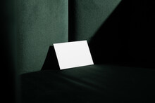 Blank Business Cards Mockup Template On A Velvet, Green Art Deco Furniture, Real Photo. Isolated Surface To Place Your Design. 