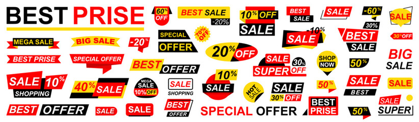 Wall Mural - Sale badges collection. Super sale badges and labels. Set ribbon banner and label sticker sale. Template banner shopping badges. Special offer, big sale, discount, best price, mega sale banner set